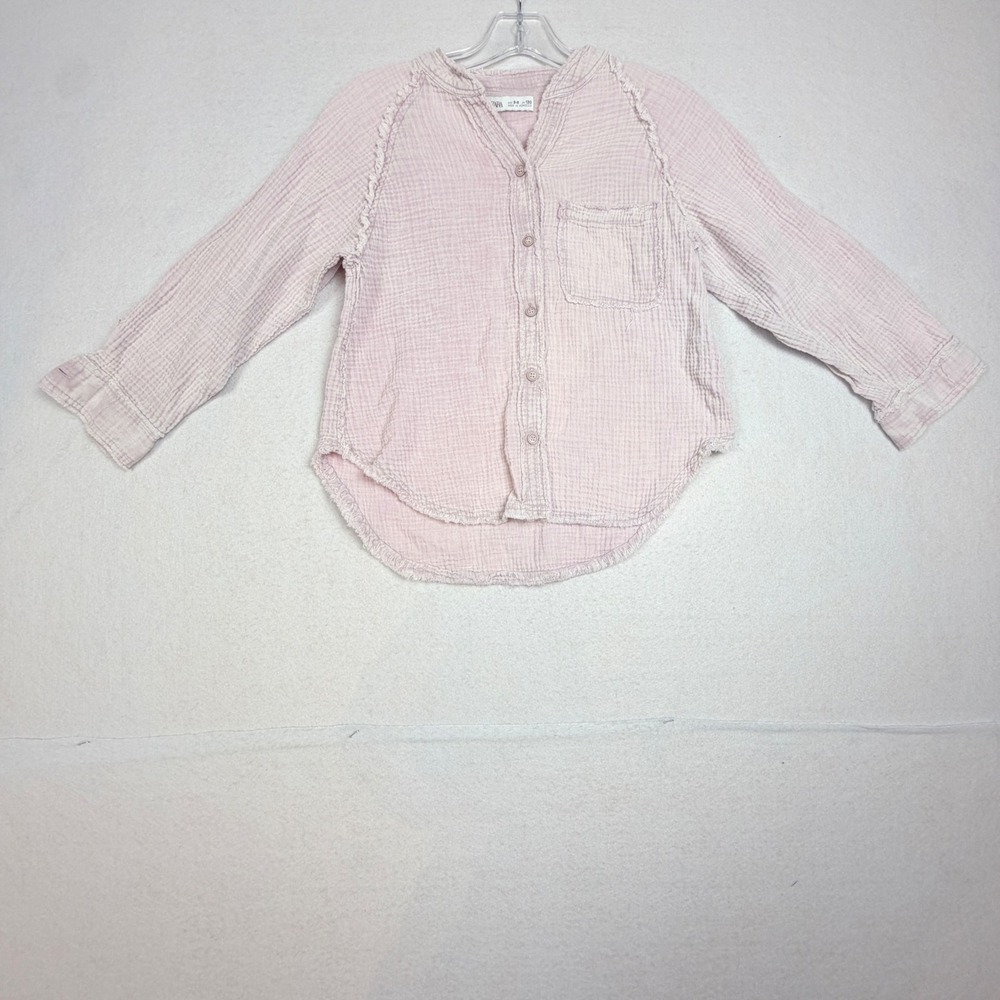 Zara Kids‎ Pink Muslin Gauze Button Down Shirt Raw Edge Fringe Size 8-9 130